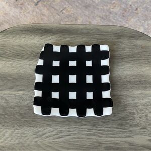 Black White Checkered Square Dish Scalloped Edge Trinket Plate